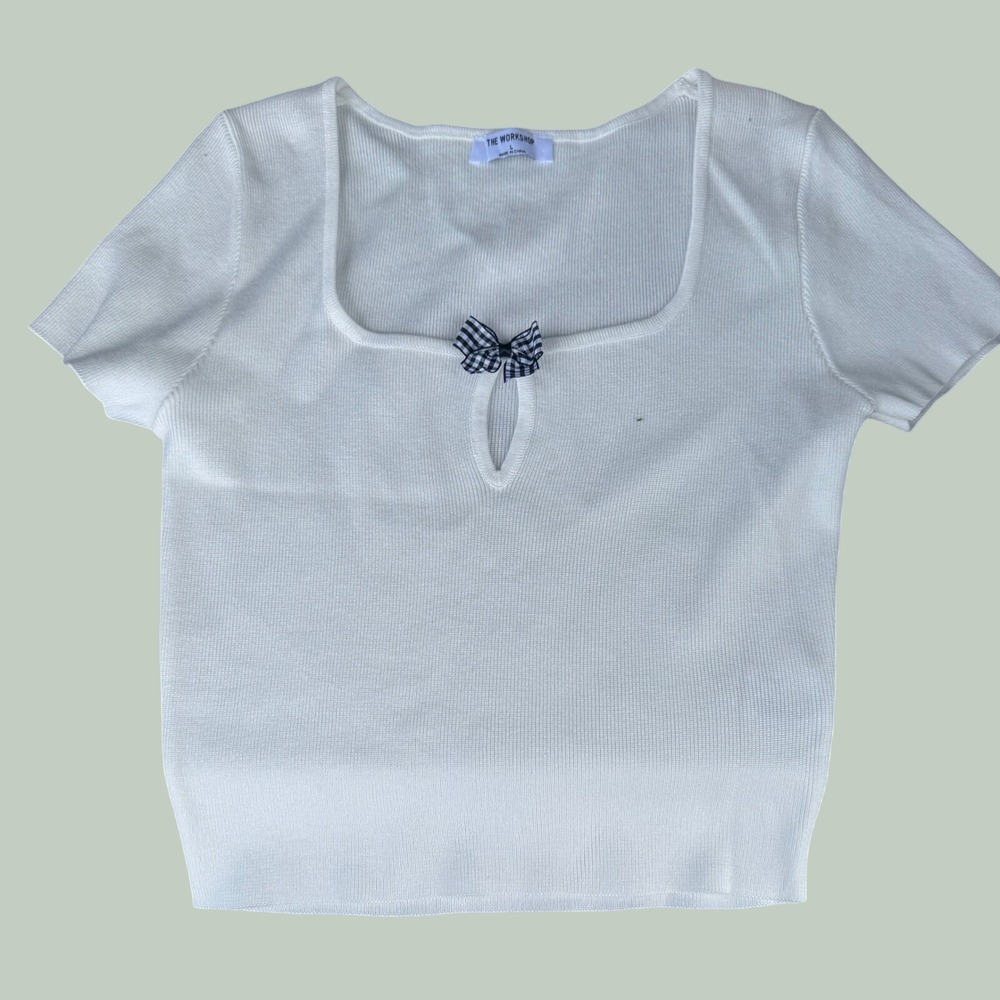 The Workshop White Ribbed Short Sleeve Top Gingham Bow Keyhole Coquette Large